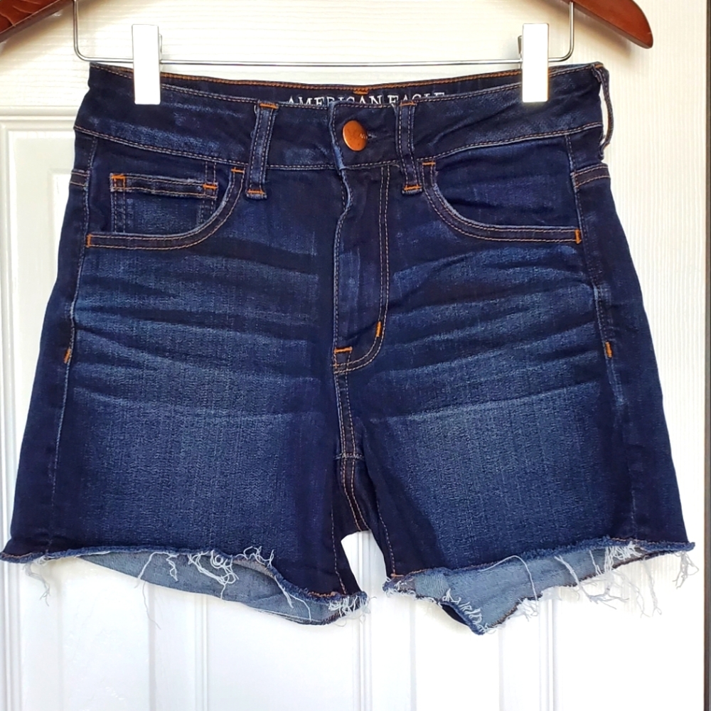 AE Super Stretch High Rise shortie blue jeans shorts